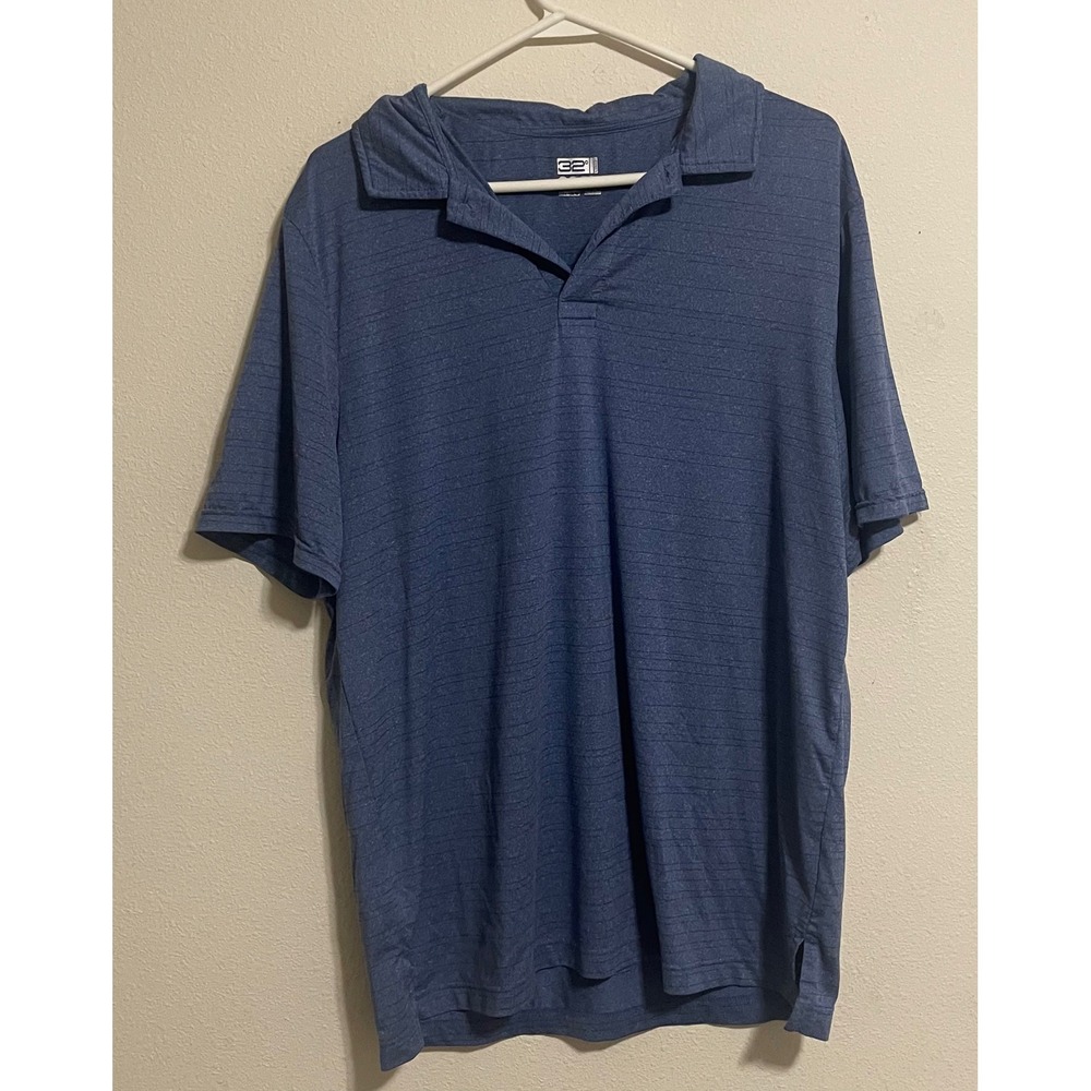 32 Degrees Cool Mens Polo Shirt Large Blue Striped Short Sleeve‎ Stretch Active